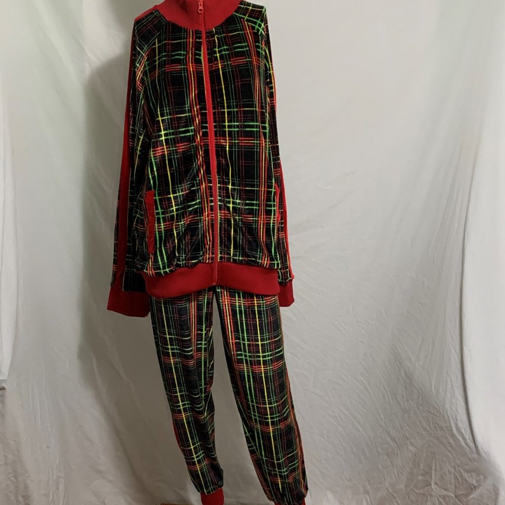 Christmas Tracksuit 2 Piece Set Velour Jacket Pant Jogger Sequin Ho Ho Plaid M